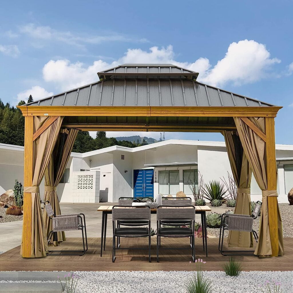10 x 12 Hardtop Gazebo Outdoor Aluminum Wood Grain Gazebos with Galvanized Steel Double Canopy for Patios Deck Backyard,CurtainsNetting by domi outdoor living