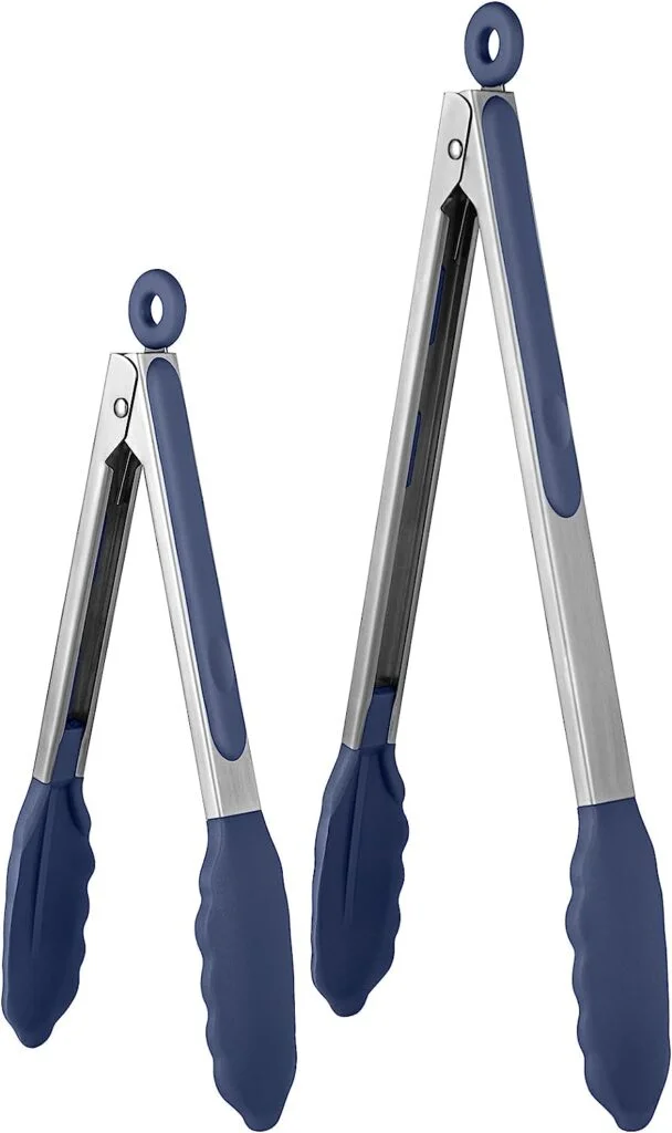 600â Heat Resistant Kitchen Tongs: U-Taste 9+12 inch Silicone Cooking Tong Set with Firm Sealed Non Stick Rubber Tips and Silicon Coated 18/8 Stainless Steel Handle for Serving Grilling(Midnight Blue)