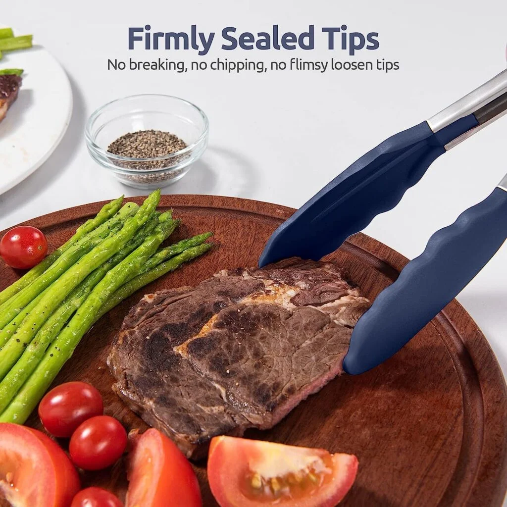 600â Heat Resistant Kitchen Tongs: U-Taste 9+12 inch Silicone Cooking Tong Set with Firm Sealed Non Stick Rubber Tips and Silicon Coated 18/8 Stainless Steel Handle for Serving Grilling(Midnight Blue)
