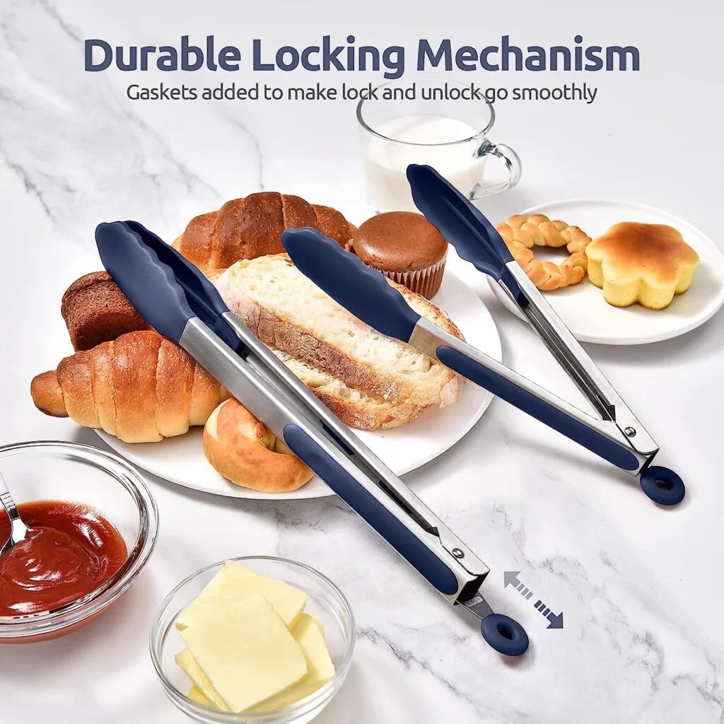 600â Heat Resistant Kitchen Tongs: U-Taste 9+12 inch Silicone Cooking Tong Set with Firm Sealed Non Stick Rubber Tips and Silicon Coated 18/8 Stainless Steel Handle for Serving Grilling(Midnight Blue)