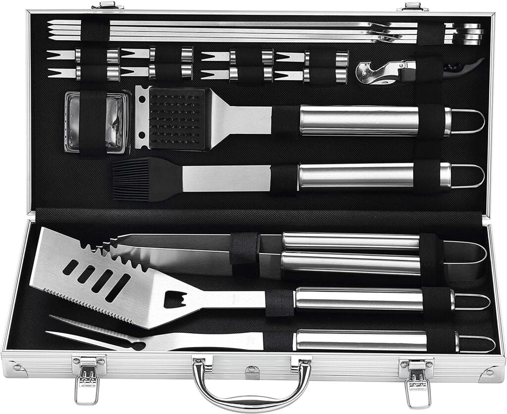 grilljoy 20PCS Heavy Duty BBQ Grill Tools Set - Extra Thick Stainless Steel Spatula, Fork Tongs. Complete Barbecue Accessories Kit in Aluminum Storage Case - Perfect Grill Gifts for Men