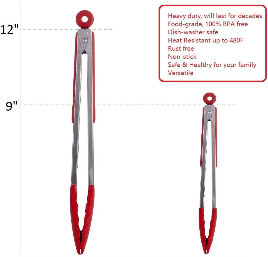 HiramWare Kitchen Tongs Set of 2 â 9 inch 12 inch â Stainless Steel Food Tongs with Silicone Tips â Premium Locking Non-stick Tongs for Cooking, BBQ, Grilling, Salad - Heavy Duty, BPA Free(Red)