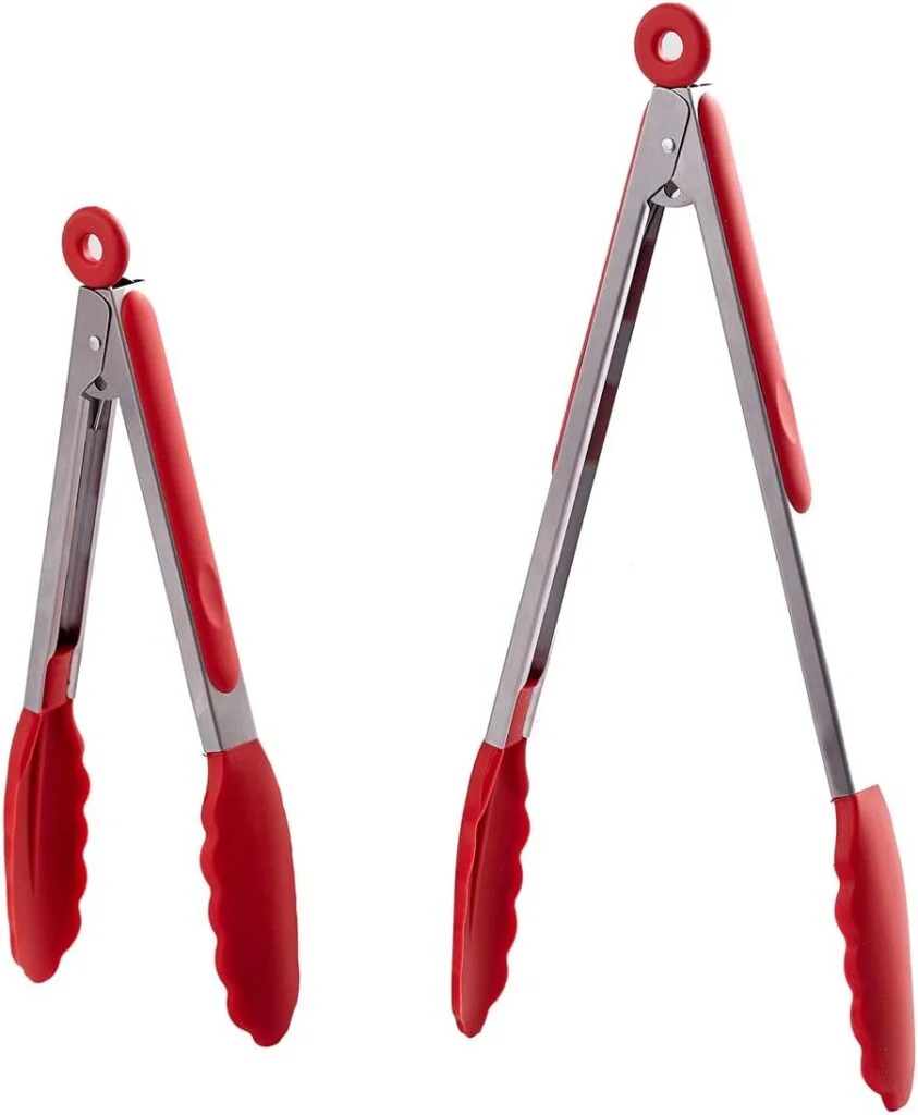 HiramWare Kitchen Tongs Set of 2 â 9 inch 12 inch â Stainless Steel Food Tongs with Silicone Tips â Premium Locking Non-stick Tongs for Cooking, BBQ, Grilling, Salad - Heavy Duty, BPA Free(Red)