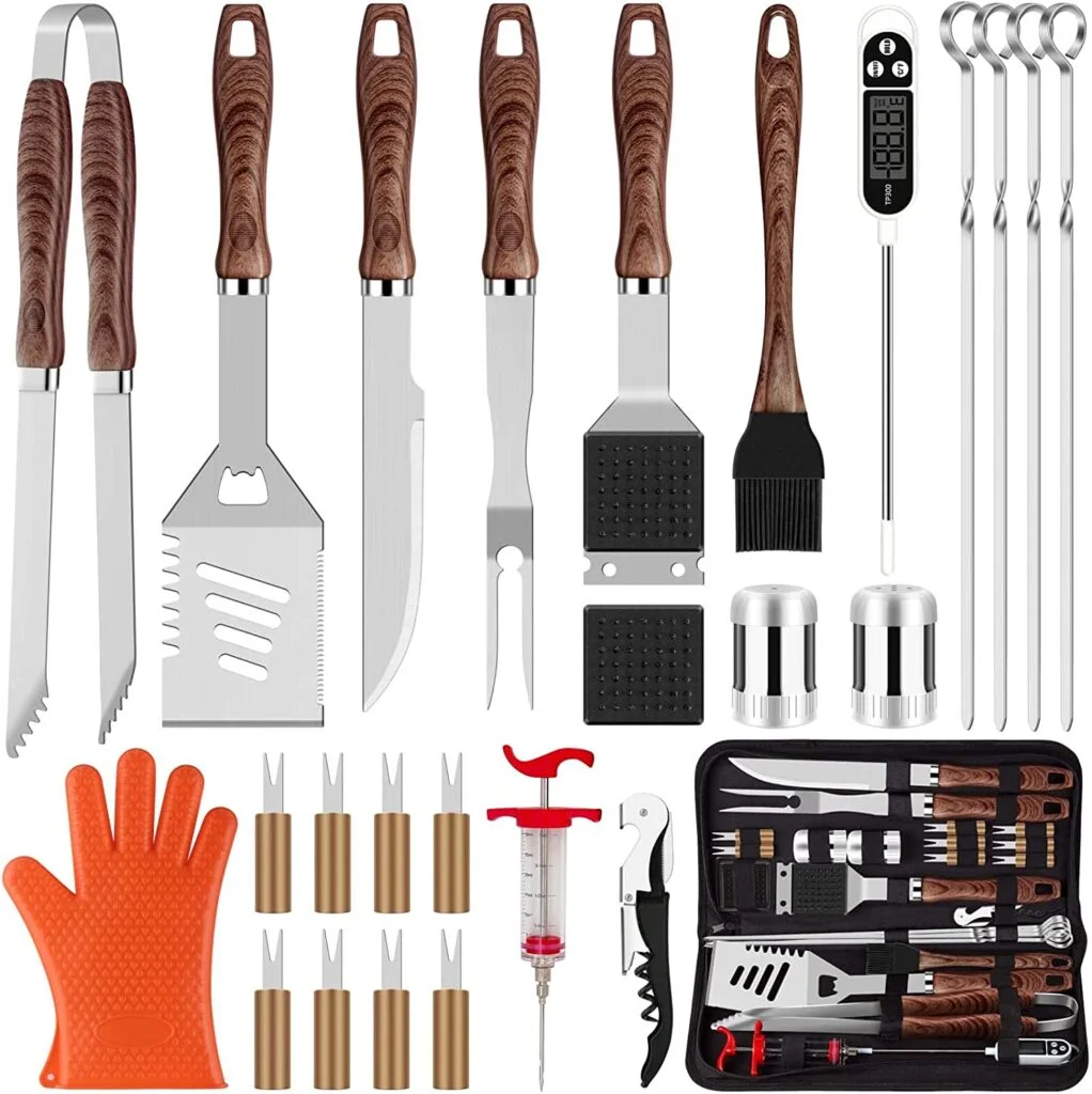 ROMANTICIST 26pcs Grilling Accessories Kit for Men Women, Stainless Steel Heavy Duty BBQ Tools with Glove and Corkscrew, Grill Utensils Set in Portable Canvas Bag for Outdoor,Camping,Backyard,Brown