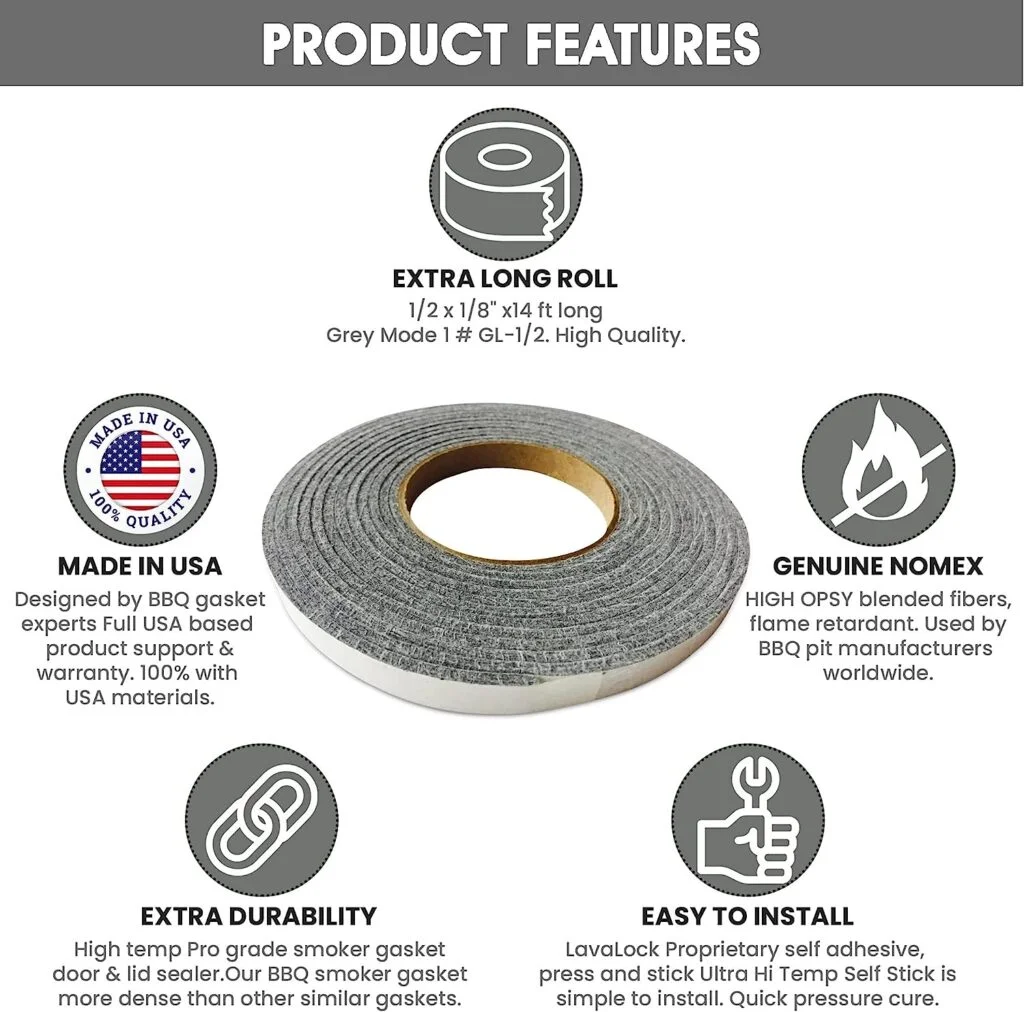 1/2 x 1/8 LavaLock High Temp BBQ Gasket Smoker Seal for Nomex Door Lid, Self Stick Grey