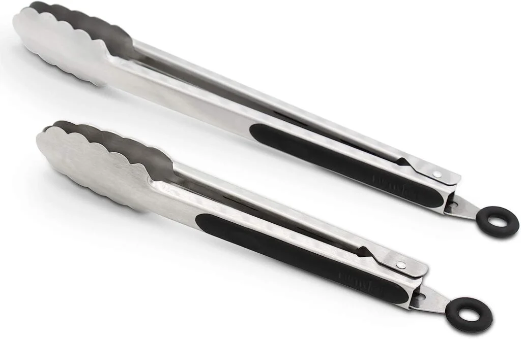 304 Stainless Steel Kitchen Cooking Tongs, 9 and 12 Set of 2 Sturdy Grilling Barbeque Brushed Locking Food Tongs with Ergonomic Grip, Black