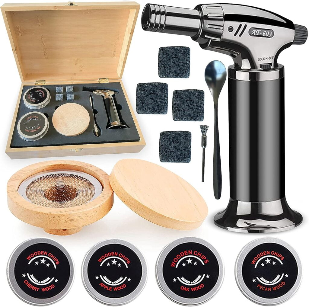 Barrel King Cocktail Smoker Kit with Torch - 4 Whiskey Stones - Bourbon Smoker Kit with 4 Flavor Wood Chips - Smoke Infuser Kit - Smoked Cocktails - Drink Smoker for Whiskey - (No Butane)