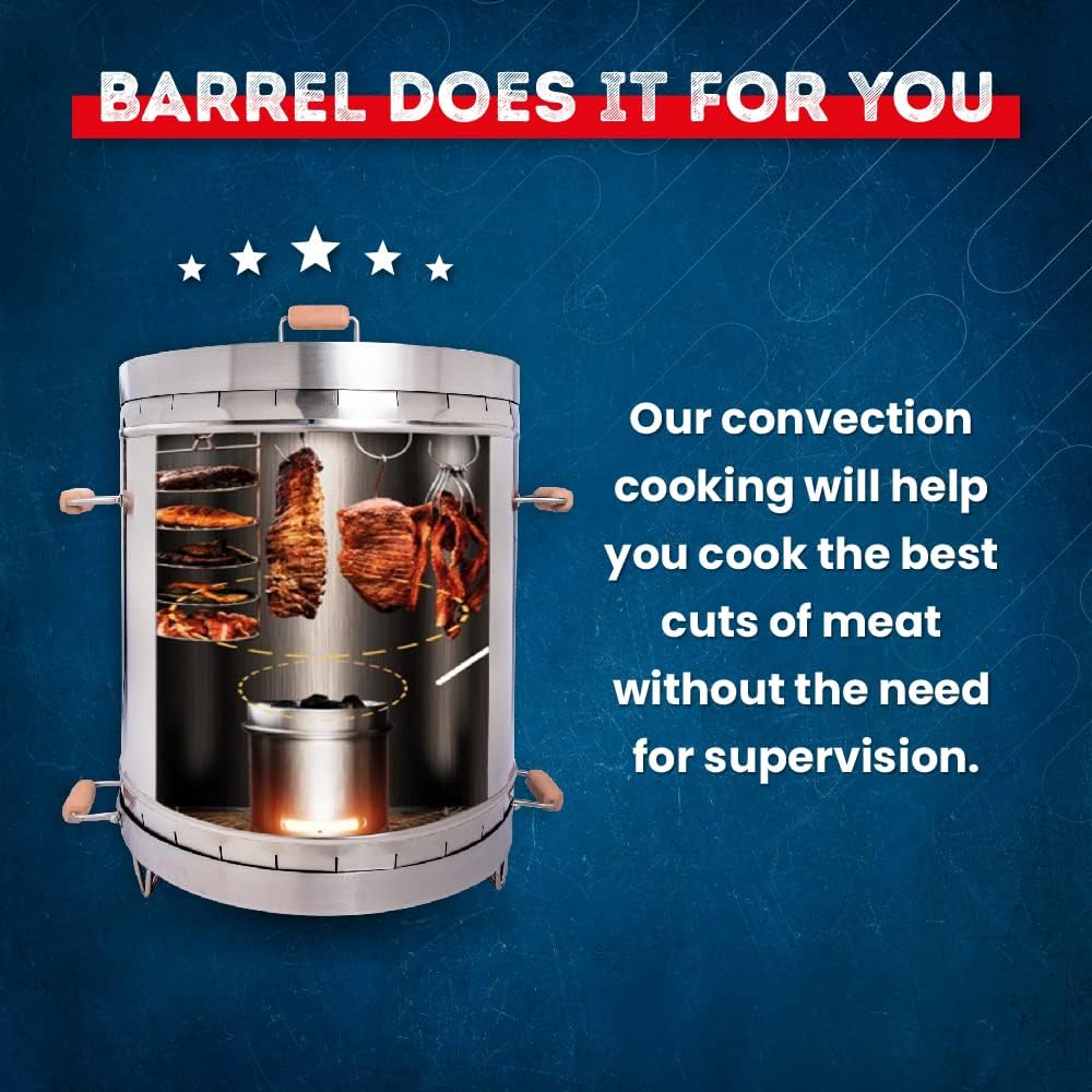 EL BARRIL Grill  Smoker Barrel (SMALL)| 100% Stainless Steel Barrel| You can Grill, Smoke, Roast and Bake| Smokeless, Even Heat Distribution  Perfect Preservation for Your Meats