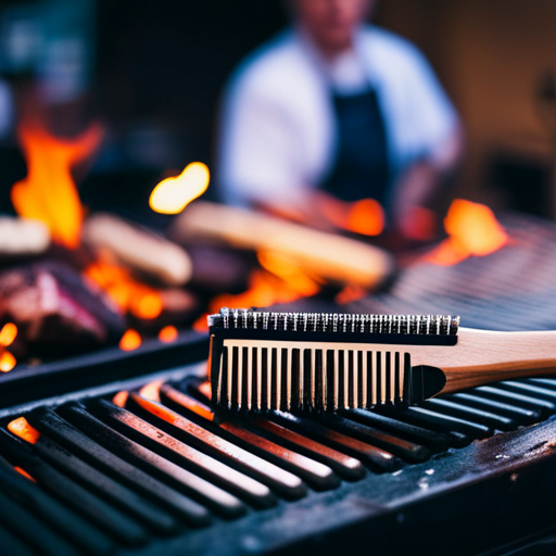 An image showcasing a close-up shot of a clean grill grate being meticulously scrubbed with a grill brush, surrounded by a neatly arranged array of grilling tools, marinades, and seasonings, ready to be used