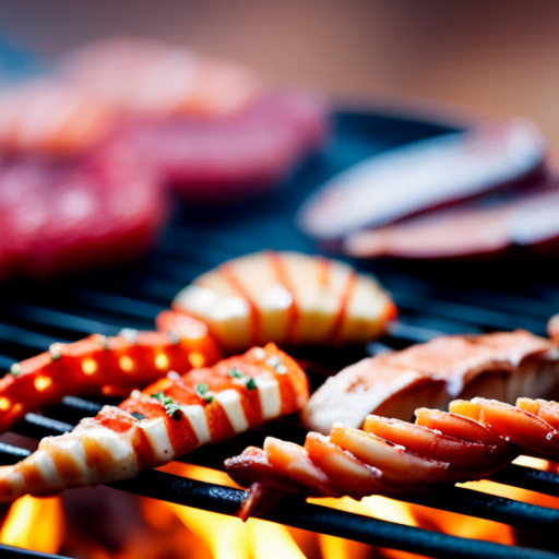 An image showcasing a variety of succulent meats and seafood sizzling on a grill, each perfectly cooked with distinct grill marks