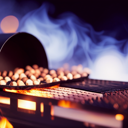 An image depicting a grill with two distinct zones: one side with glowing charcoal for direct heat searing, and the other side with smoldering wood chips for indirect heat smoking
