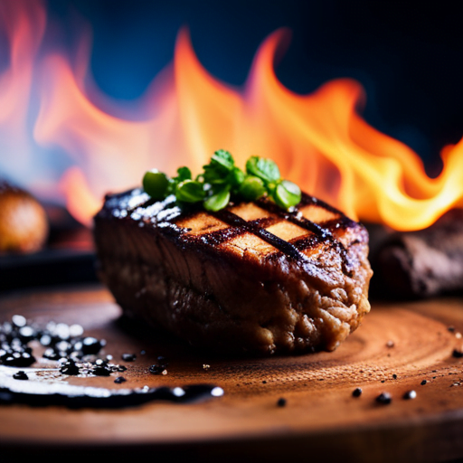 An image showcasing a perfectly grilled steak, charred grill marks, with a golden crust, cooked to medium-rare perfection