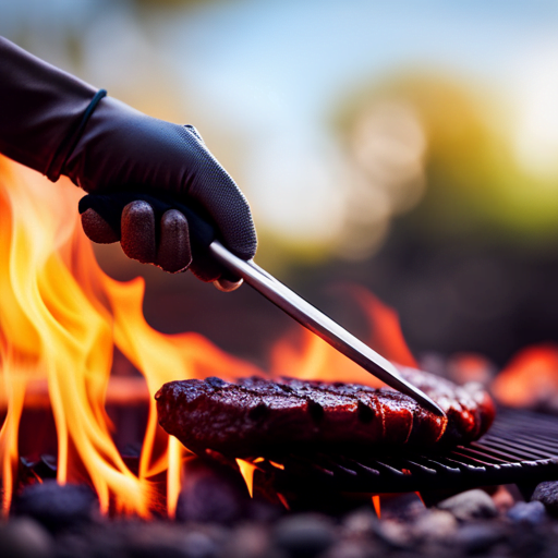 An image showcasing a close-up of a hand wearing a heat-resistant grilling glove, gently gripping a long barbecue tong, while flames beautifully dance in the background, ensuring a safe and successful grilling experience for beginners