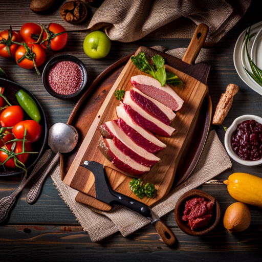 An image showcasing a variety of grilling tools, including tongs, spatula, and a meat thermometer, displayed neatly on a wooden table, surrounded by colorful fresh ingredients and marinated meats